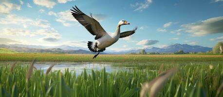 AI generated a goose flying in a field near a river photo