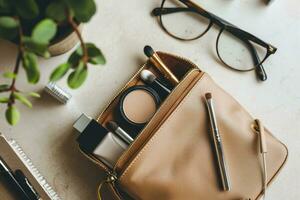 ai generado un minimalista imagen de un maquillaje bolsa con cuidadosamente arreglado productos foto