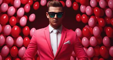 AI generated a young man in a red suit standing in front of an easter egg with sunglasses on photo