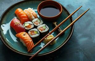 ai generado un plato de japonés comida con Sushi en eso y palillos sentado foto