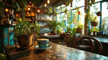 ai generado un estético estudio café tienda interior presentando un café taza y planta foto