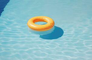 ai generado un inflable amarillo anillo es flotante en el piscina foto
