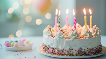 AI generated birthday cake or birthday cake decoration with candles on white background photo