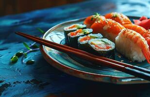 ai generado un plato de japonés comida con Sushi en eso y palillos sentado foto