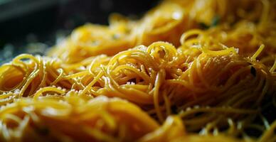 AI generated close up and close up shot of spaghetti on dark black ground photo