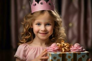 ai generado cumpleaños niña vistiendo un princesa sombrero con un cumpleaños caja foto