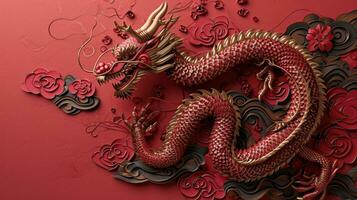 AI generated chinese dragon with swirls on red background, red and gold photo