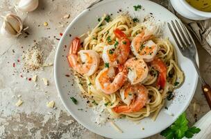 AI generated fresh shrimp with fresh garlic on pasta for top view photo