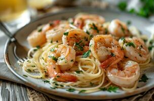 AI generated fresh shrimp with fresh garlic on pasta for top view photo