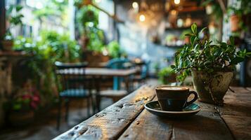 ai generado un estético estudio café tienda interior presentando un café taza y planta foto