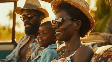 AI generated happy black american family on their way to the beach photo