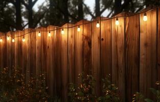 ai generado un antiguo de madera cerca con cuerda luces en el antecedentes foto