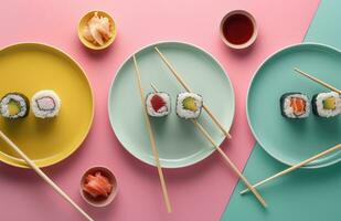 AI generated four plates featuring sushi sushi with chopsticks photo