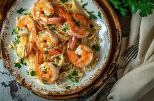 AI generated fresh shrimp with fresh garlic on pasta for top view photo