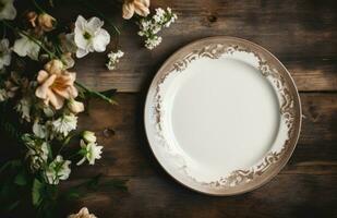 ai generado un antiguo blanco plato con marrón vajilla y flores foto