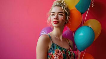 ai generado un elegante rubia dama con cumpleaños globos en esta encantador instantánea foto