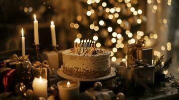 AI generated cake with candles and gifts photo