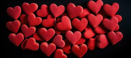 AI generated many red heart shaped cookies on a black background photo