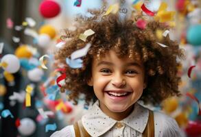 ai generado pequeño niña participación papel picado circo payaso sonriente en blanco globos foto