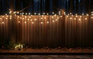 ai generado luces ensartado detrás un de madera cerca en el bosque, foto
