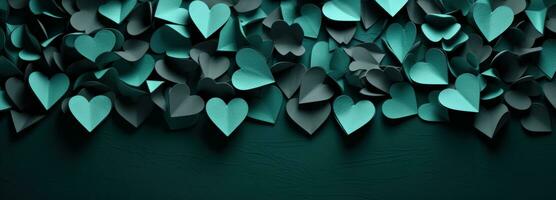 AI generated many paper hearts resting on a green background photo