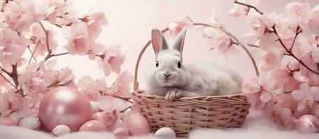 AI generated pink bunny and easter eggs in a basket photo