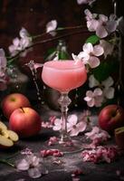 AI generated pink apple cocktail with flowers and green leaves photo