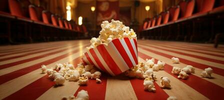 AI generated popcorn in a bag in the centre of a brown floor photo