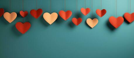 AI generated red paper hearts are hanging down on red background photo
