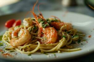 AI generated prawn and pesto spaghetti on a white plate photo