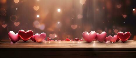 AI generated several red hearts are sitting on a wooden bench photo