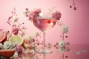 AI generated pink cocktail with a green leaf and a flower photo