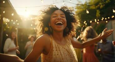 ai generado personas bailando a un patio interior fiesta foto