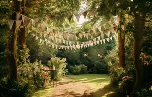 AI generated paper bunting in sunlight for a wedding or party photo