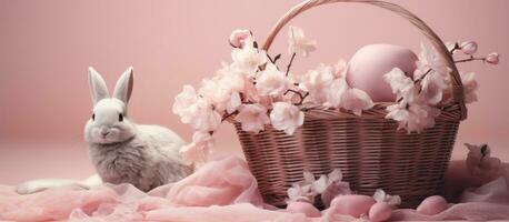ai generado rosado conejito y Pascua de Resurrección huevos en un cesta foto