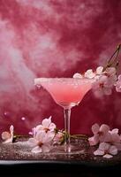 AI generated pink cocktail with a green leaf and a flower photo