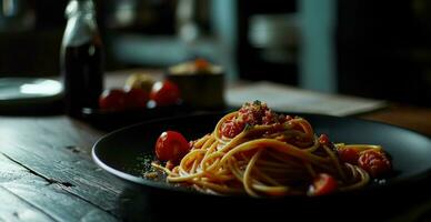 AI generated spaghetti on a plate on black background photo