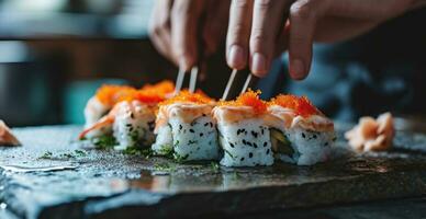 AI generated some sushi is being placed on a stone table photo