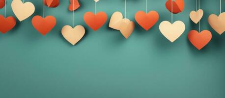 AI generated red paper hearts are hanging down on red background photo