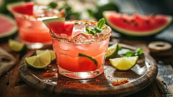 AI generated watermelon Margarita with Lime and a Spicy Rim photo