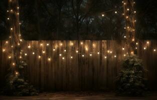 AI generated lights strung behind a wooden fence in the forest, photo