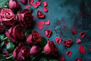 ai generado un vívido San Valentín día fondo, corazones, rosas foto