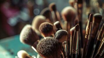 AI generated many makeup brush and cosmetics arranged in a row photo