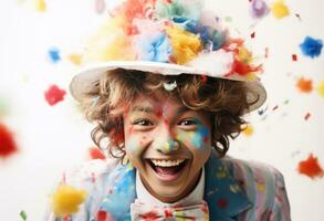 ai generado pequeño payaso con papel picado sombrero en blanco antecedentes foto