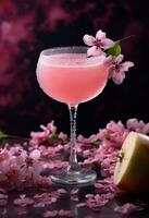 AI generated pink apple cocktail with flowers and green leaves photo