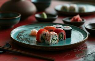 AI generated one of a set of dishes with different sushi rolls photo