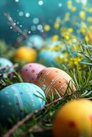 AI generated Easter background with lively colors, decorated eggs photo