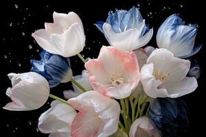 AI generated spring tulip bouquet with blue watercolour paper photo