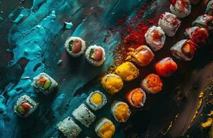 AI generated sushi and tofu on a silver plate photo