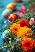 AI generated Easter background with lively colors, decorated eggs photo